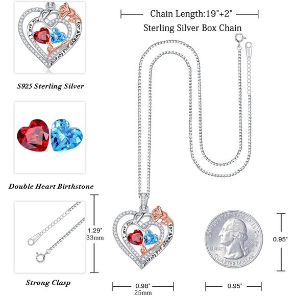 Sterling Silver Heart Necklace with Birthstones - Perfect Gift for Wife, Mom, Gi - Picture 4 of 8